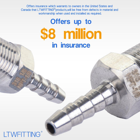 LTWFITTING Bar Production Stainless Steel 316 Barb Fitting, 1/8" Hose ID x 1/8" Male NPT, Pack of 5