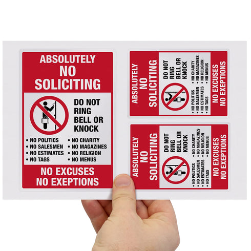 SmartSign No Soliciting Stickers, Pack of 3, One 3.75"x5.5" & Two 2.75"x4", No Excuses No Exceptions, Made in USA