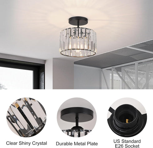 Decoluminner Crystal Ceiling Light Semi Flush Mount Ceiling Light Crystal Chandelier Hallway Light fixtures Black Close