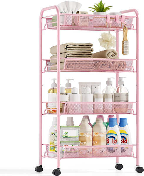 SYKIARIOL 4-Tier Metal Utility Cart, Mesh Wire Rolling Cart on Wheels, Storage