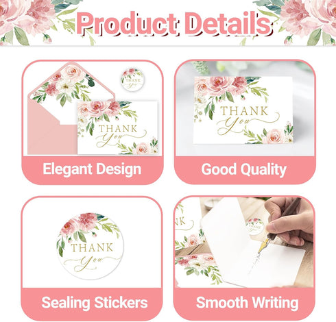SMUAENSS 48 Pack Thank You Cards with Envelopes Pink and Stickers, Floral Thank You Cards for Mother's Day, Bridal