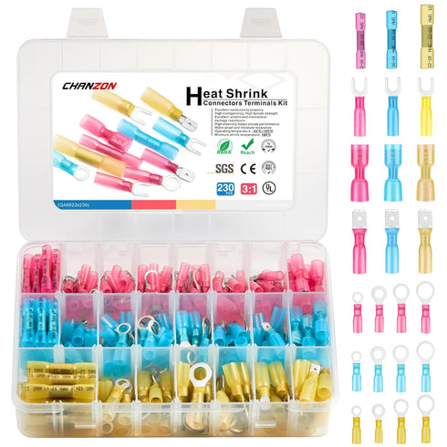 Chanzon 230pcs Heat Shrink Wire Connector Kit, Fork, Male & Female Spade, Ring Terminal Marine Grade Waterproof