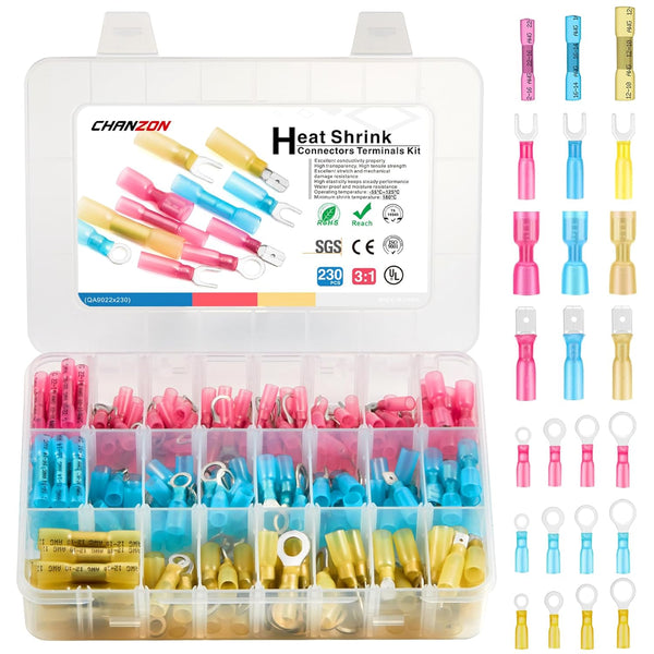 Chanzon 230pcs Heat Shrink Wire Connector Kit, Fork, Male & Female Spade, Ring Terminal Marine Grade Waterproof