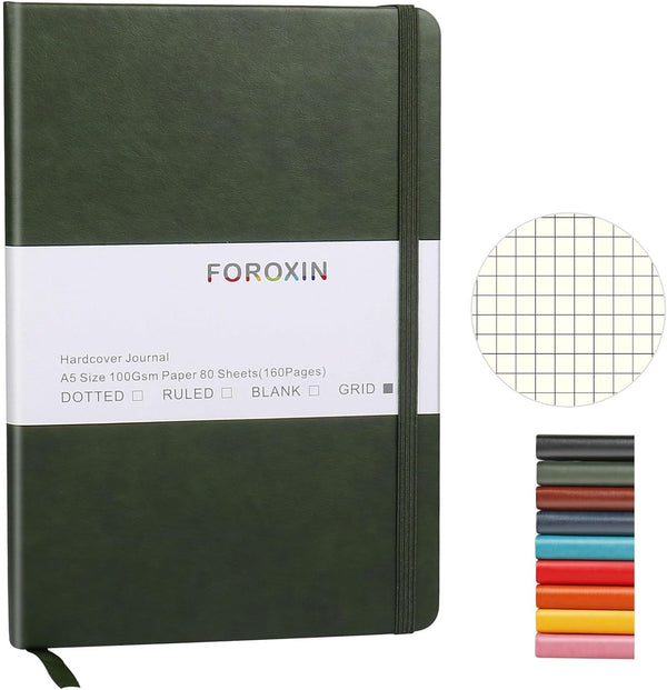 Grid Journal Bullet Notebook - Dark Green Leather Cover, 8.3 x 5.7 Inch, 160 Pages, 100gsm Paper, Hardcover with Inner
