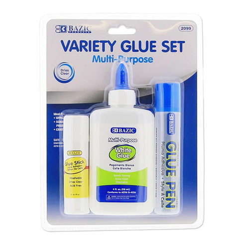 BAZIC White Glue 4oz., Clear Glue 1.7oz., Glue Stick 0.7oz., Washable Liquid Glue Pen, Multi-Purpose (3/Pack)