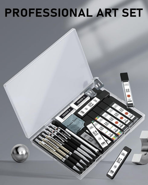 FourCandies 25PCS Art Mechanical Pencil Set with Case, 3PCS Metal Artist Lead Pencil 0.5, 0.7, 0.9 mm & 3PCS 2mm Lead