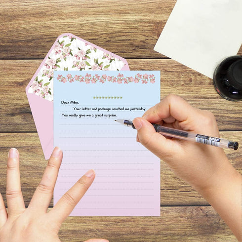 Ceiba Tree Cute Floral Stationery Paper, 48 PCS Lined Matching Envelopes, Double Sided for Invites