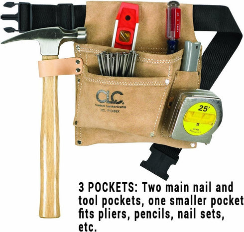 Custom Leathercraft IP489X Suede Tool Bag & Poly Web Belt, 3 Pocket, Tan