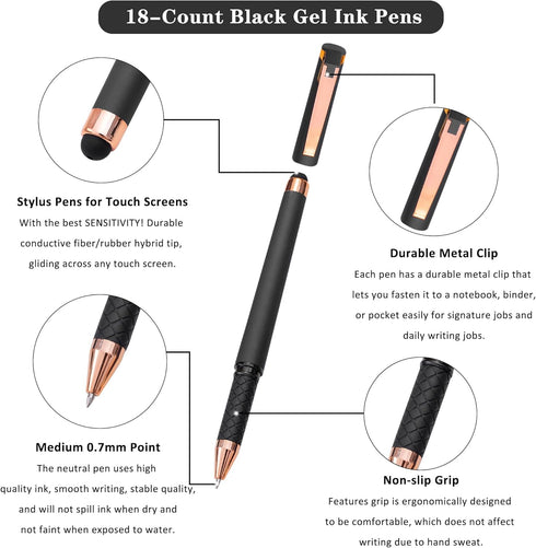 Linbsunne Black Gel Pens 0.7mm Medium Point Pen Office Pens 2-in-1 Stylus Pens for Touch Screens Gel Ink Rollerball Pens for Writing (18 Pack-grey) by Linbsunne