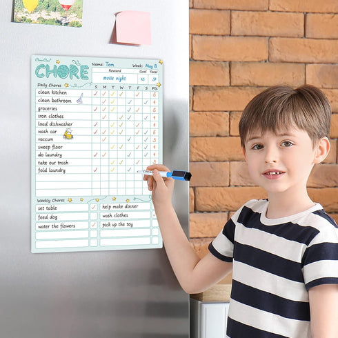 CLEVER CLEAN Magnetic Dry Erase Chore Chart, 8.5"x12" Behavior Responsibility Board for Kids, 6 Extra Fine Point Markers