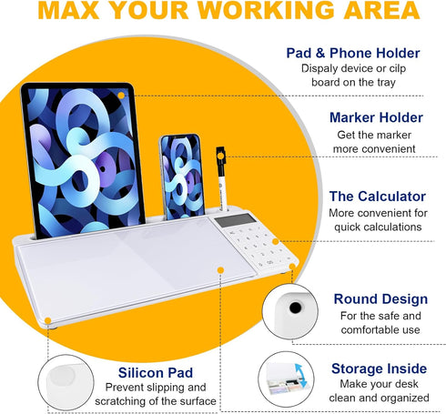 Small Glass Desktop Whiteboard Dry Erase Board with Calculator, Desktop White Board Storage Memo Notepad, Computer