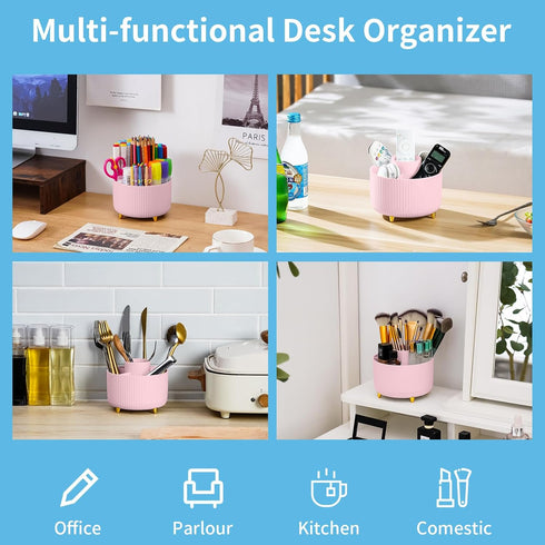Marbrasse Desk Organizer, 360-Degree Rotating Pen Holder for Desk, Desk Organizers and Accessories with 5 Compartments Pencil Organizer, Art Supply Storage Box Caddy for Office, Home (Pink) by Marbrasse