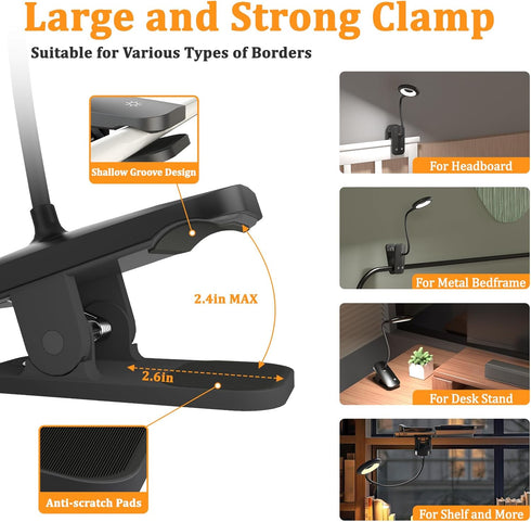 2 Pack 5 5 Clip on Reading Light for Bed Headboard, Battery Rechargeable Large Clamp Bed Lamp - Colors Brightness