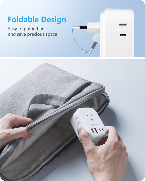 European Travel Plug Adapter, LENCENT International Type-C Foldable Power Plug with 4 Outlets, USB C Charger Adaptor, US to Most of Europe EU Iceland Spain Italy France Germany, Cruise Ship Approved