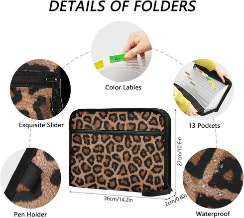 Black Leopard 13 Pocket Expanding File Folder with Labels, A4 Document Folder with Zipper Closure
