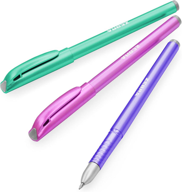 Zebra ZGE Gel Ink Stick Pens, Metallic Barrel, 0.7mm, Pack of 3 in Green, Pink, Violet