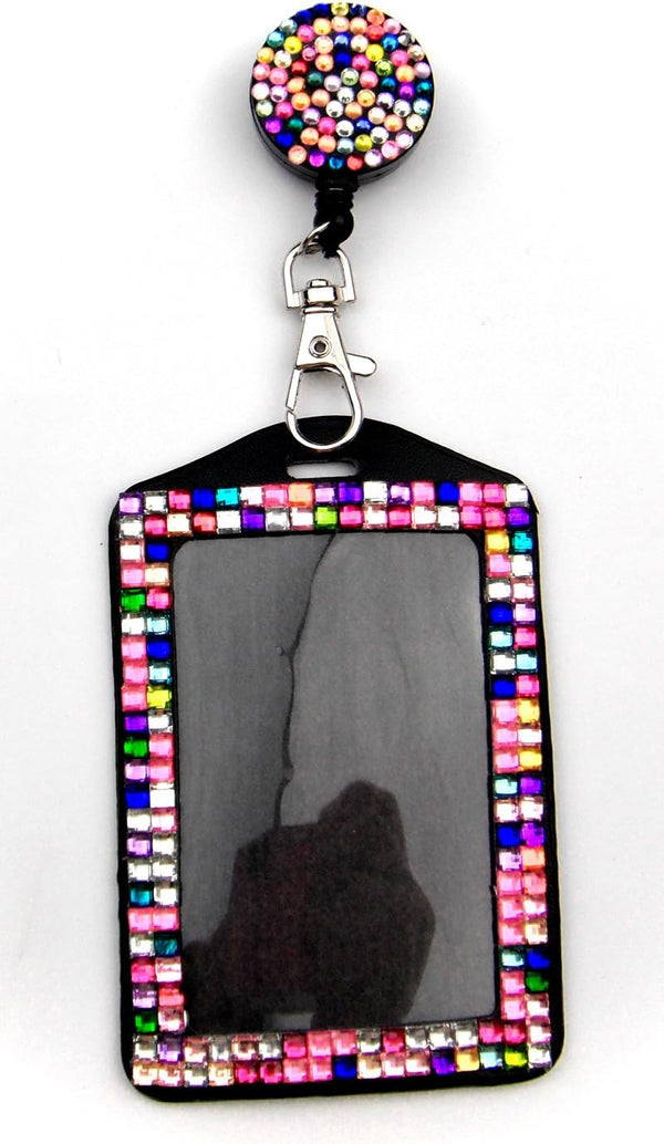 Rhinestone Bling Lanyard Crystal Badge Reel + Card Holder for Business ID (Colorful)