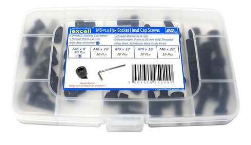 iexcell 50 Pcs M6 x 8/10/12/16/20 Alloy Steel Hex Socket Head Cap Screws Bolts Assortment Kit, Black Oxide Finish
