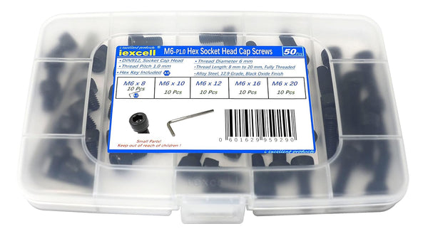 iexcell 50 Pcs M6 x 8/10/12/16/20 Alloy Steel Hex Socket Head Cap Screws Bolts Assortment Kit, Black Oxide Finish