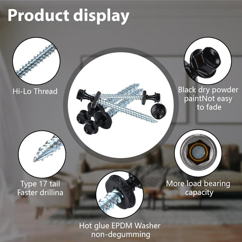 Metal Roofing Screws 10 x 1 inch, Black Hex Head Sheet Metal Roof Screw with EPDM Washer (250Pcs)