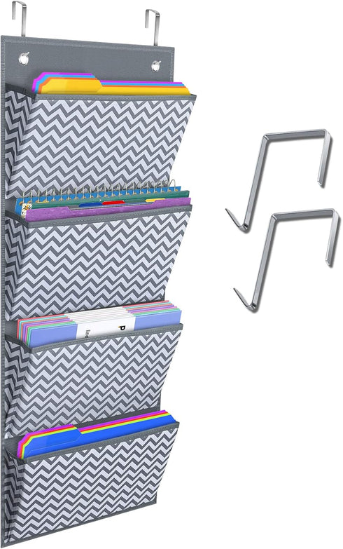 Folder Hanging Wall Mounted Storage Holder Pocket Chart, Fabric Organizer for Home School - Wave Pattern (4 Pockets)