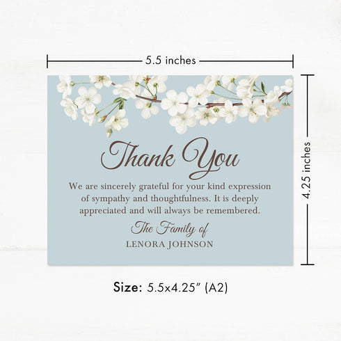 5.5x4.25 White Floral Cherry Blossom Sympathy Thank You Cards, Funeral Thank You Cards, Personalized Bereavement Notes