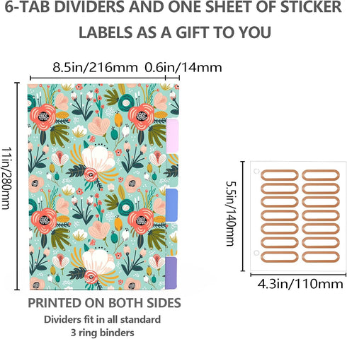 Cute Round Ring 3 Ring Binder 1 Inch, Green Floral with 6 Tab Dividers, Labels Stickers, Low Profile Clipboard with
