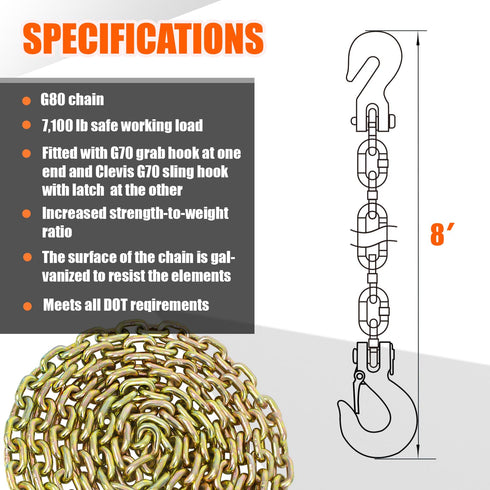 TKK G80 Transport Binder Chain, 3/8 Inch x 8 Foot Heavy Duty Chain for Transporting and Towing Equipment