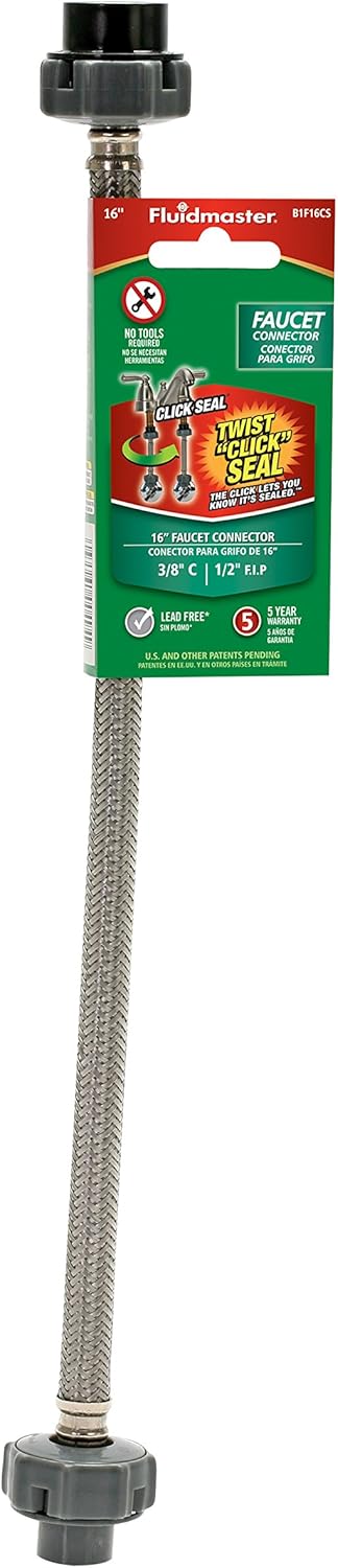 Fluidmaster B1F16CS CLICK SEAL Faucet Connector, 16-Inch Length, Braided Stainless Steel, 3/8-Inch Compression