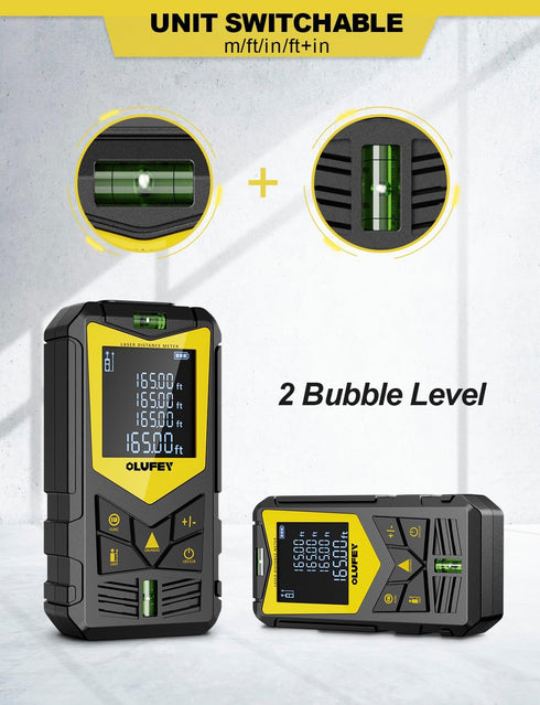 OLUFEY Laser Measure, 165ft Laser Distance Meter with Black LCD Display, 2 Bubble Levels, Pythagorean Mode