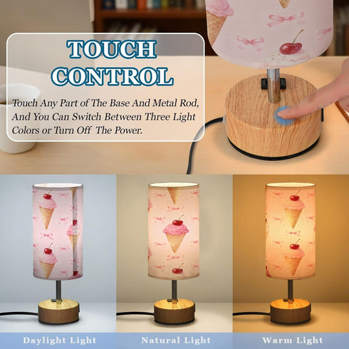 MOOCG 3 Dimmable Ice Cream Cherry Touch Control Table Lamp with Fabric Shade, Color Temperatures LED Desk Lamp, Eye