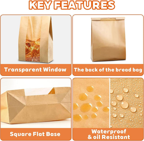 100 14"x8.3"x3.5" Packaging Pcs Large Bread Bags with Tin Tie & Clear Window, Paper Bakery Bags for Homemade Sourdough