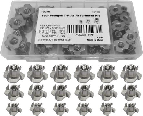 Stainless Steel T-Nut, 1/4", 5/16", 3/8", Heavy Duty Tee Nut for Wood, 50 Pcs Kit