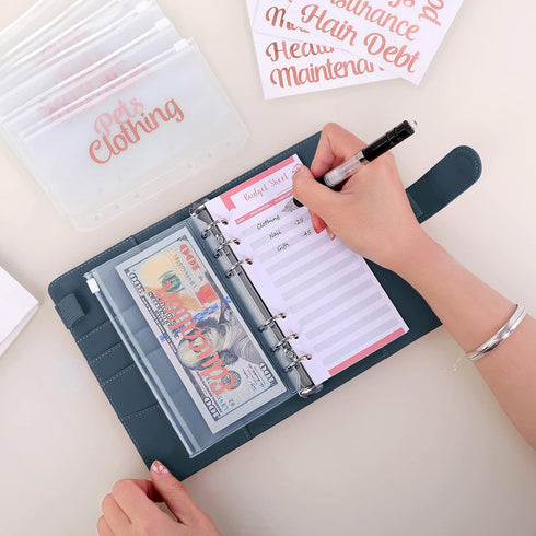 SKYDUE A6 Budget Binder, Money Organizer with 8pcs Zipper Envelopes, 12pcs Expense Sheets & 24 Sticky Labels