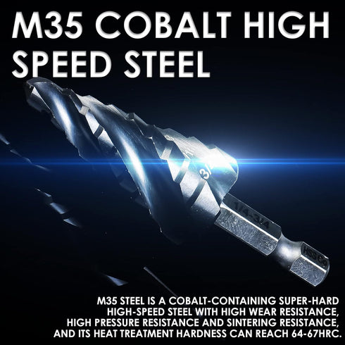 M35 Cobalt Step Drill Bit - Four Spiral Flute Unibit (1/4"-3/4") Wear-Resistant TiAlN Coated for Metal