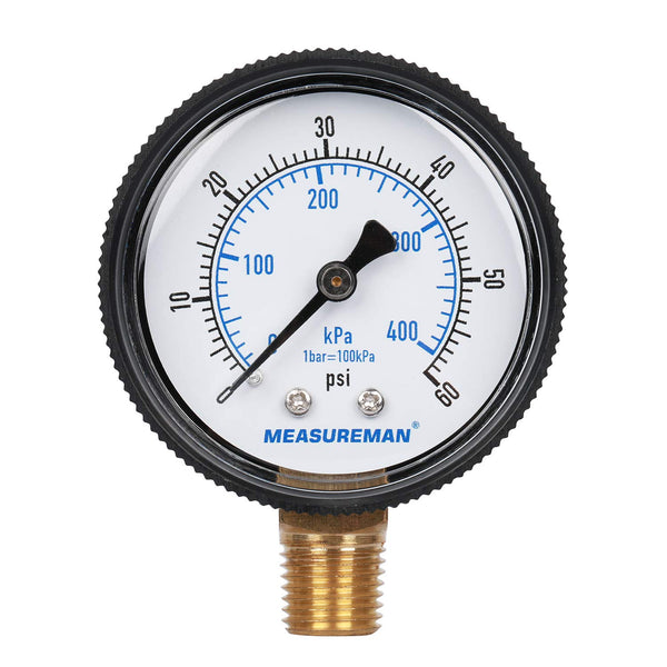 Measureman 2" Swimming Pool Pressure Gauge, 1/4"NPT Lower Mount, 0-60psi/kpa, Plastic Case