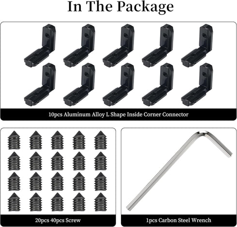10 Sets Black L Shape 3030 Series Inside Corner Connector Bracket Set for 6mm T Slot Aluminum with 20 Screws