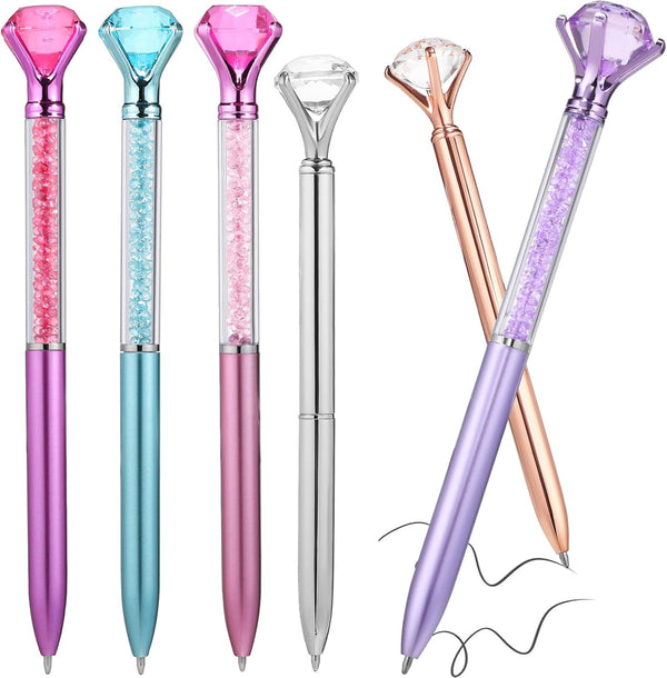 NUOBESTY 6pcs Diamond Pen with Big Crystal, Retractable Bling Metal Ballpoint Pens, Black Ink for Office