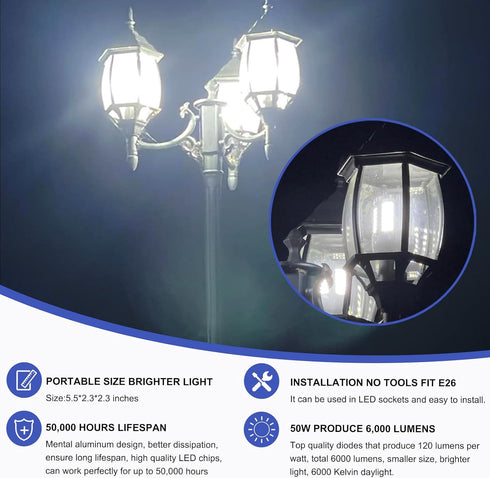 2 Pack 400W Equivalent LED Corn Light Bulb, 6000 Lumen 6000K Daylight, E26/E27 Medium Base for Indoor Garage Warehouse