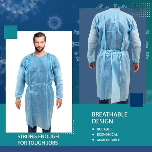 10 Pack Disposable Isolation Gowns - Blue Level 2 SMS 40gsm Non-Woven Material for Medical Use, Universal Size
