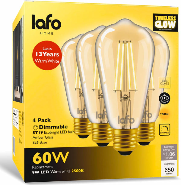4 Pack Dimmable ST19/ST64 LED Edison Bulb 9W 60W Equivalent 650 Lumens