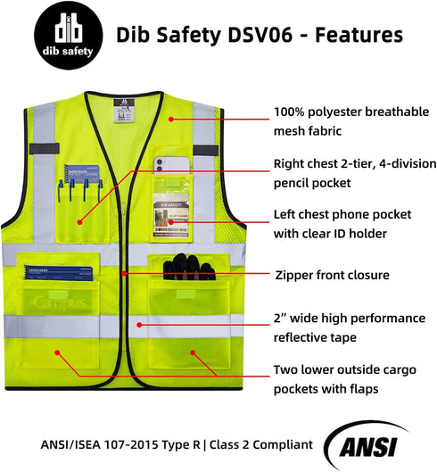 Reflective Mesh Vest, High Visibility with Pockets and Zipper, Construction Work ANSI Class 2 Yellow