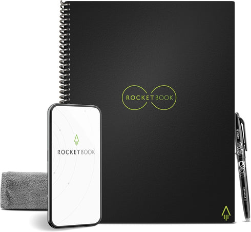 Rocketbook Core Reusable Spiral Notebook, Letter Size 8.5x11, Black, Lined Pages, App-Connected, Erasable, Durable Cover