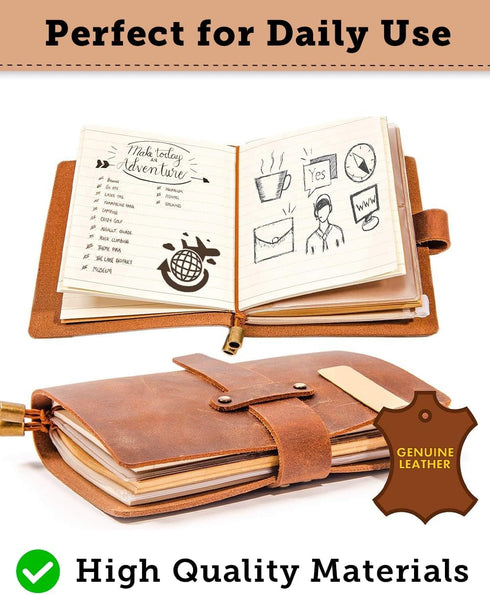 Leather Writing Journal Notebook - Handmade Refillable Travel Diary, 5.3" x 4", 180 Pages, Pen Holder, Card Holder for