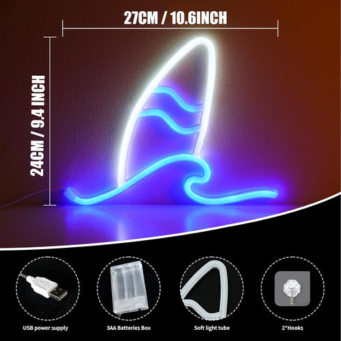 ENUOLI Surfboard Neon Signs,LED Wave Light for Bedroom,USB/Battery Powered Wall Art Night Lights,Tropical Decor Beach