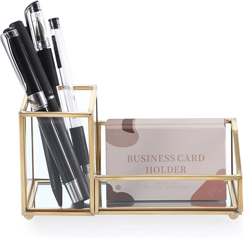 Hipiwe Glass Business Card Holder with Pen Pencil Cup, Gold Metal Name Card Display Organizer for Office Desk