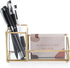 Hipiwe Glass Business Card Holder with Pen Pencil Cup, Gold Metal Name Card Display Organizer for Office Desk