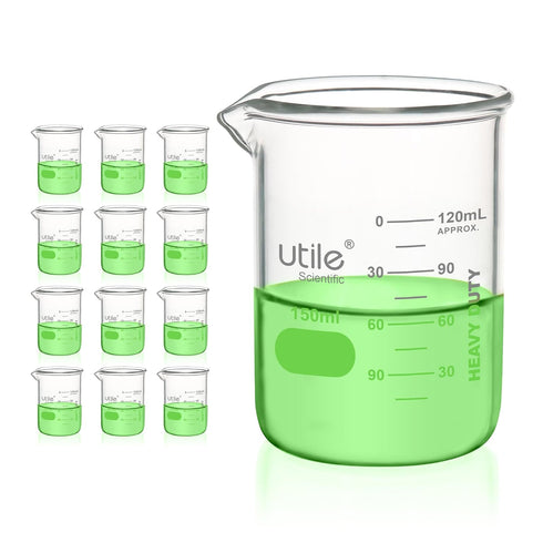 12pcs Heavy Duty Glass Beakers, 150ml (5oz), Borosilicate 3.3 Glass with Double Scaled Printed Graduation
