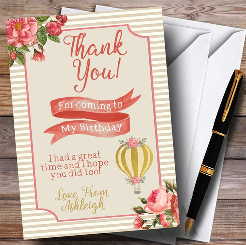 The Card Zoo Floral Pink Gold Hot Air Balloon Party Thank You Cards