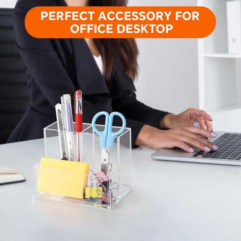 Clear Acrylic Pencil Holder for Desk, 3 Compartment Marker Organizer for Home, Office, Classroom, Bathroom